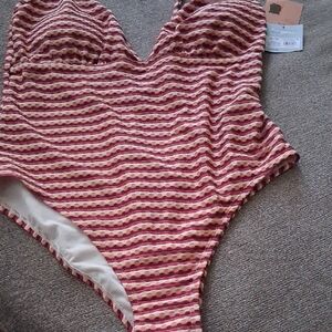 Shade & Shore Deep Red  and White Striped One Piece Swimsuit